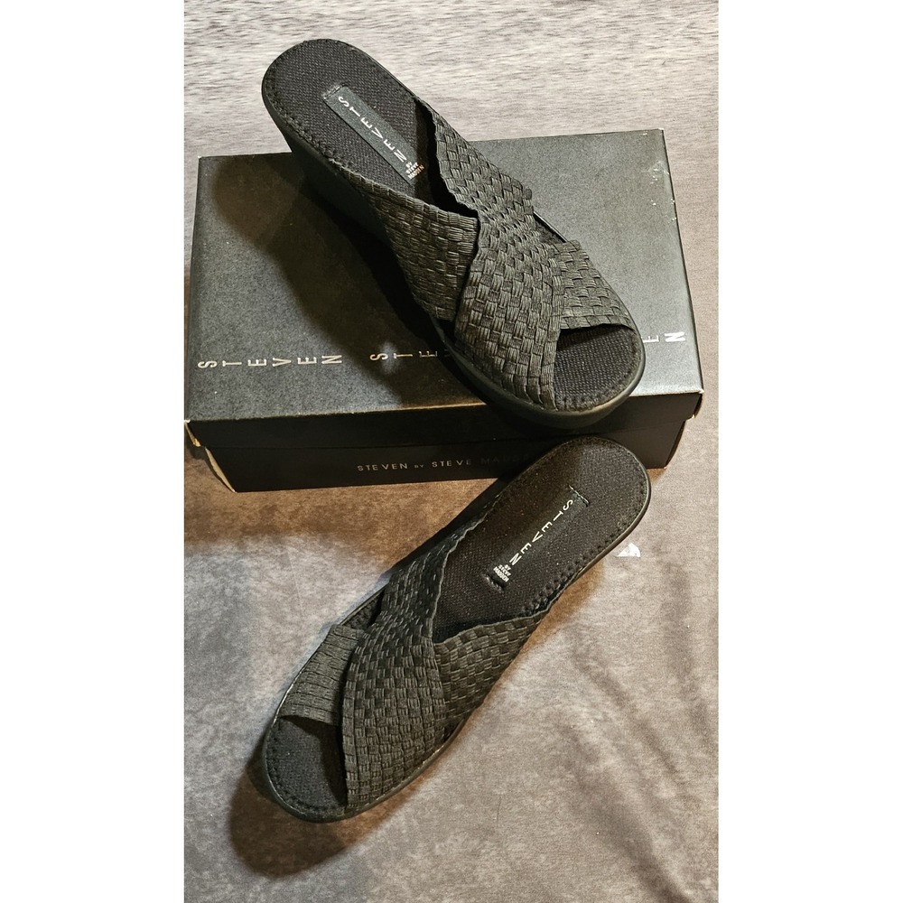 Steve Madden Balee Black Woven Stretch Wedge Sandal SZ 10